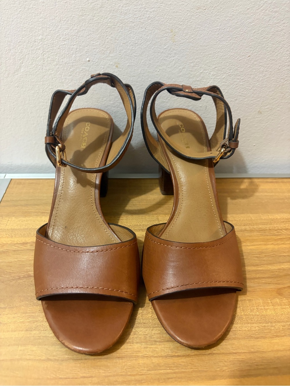 COACH Tan Brown Leather Ankle Strap Sandals